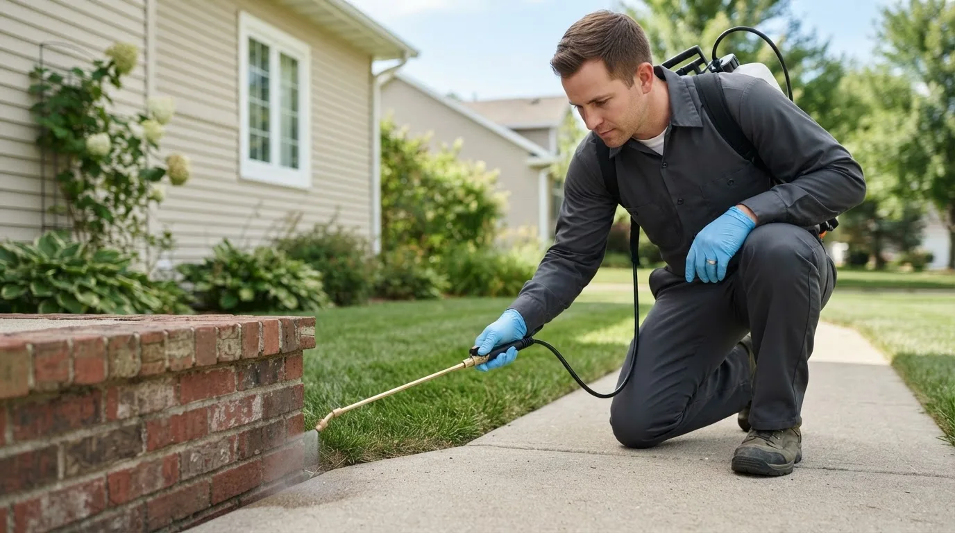 Pest control technician treating a home near East Falmouth, MA