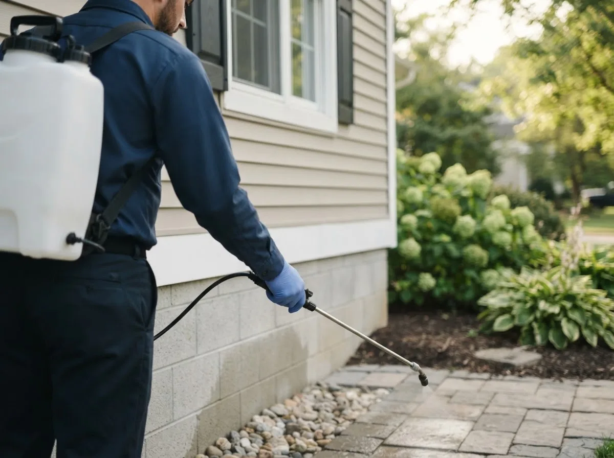 Pest control technician inspecting a home in East Falmouth, MA